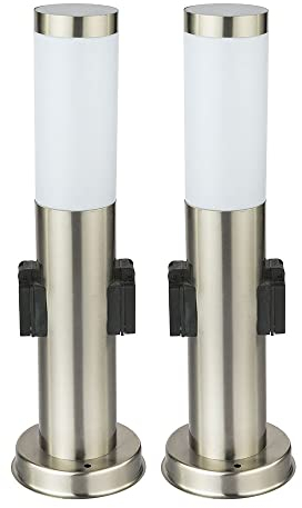 2er Set Steh Leuchten Edelstahl Park Garten Strahler IP44 2x Steckdose im Set inklusive LED Leuchtmittel