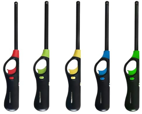 ANGIX 5 x BBQ Lighters Long Reach Multipack Refillable Gas Safety Candle Lighter for Kitchen, Barbecue, Camping, Fireworks & Outdoor Cooking, Gas Lighters for Cookers & Fireplaces (Assorted Colors)