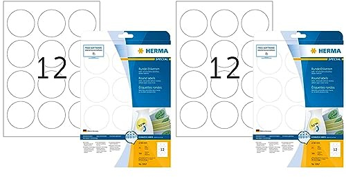 Universal Etiketten ablösbar rund, 25 Blatt, Ø 60 mm, 12 Stück pro A4 Bogen, 300 Aufkleber, selbstklebend, bedruckbar, matt, blanko Klebeetiketten aus Papier, weiß (Packung mit 2)
