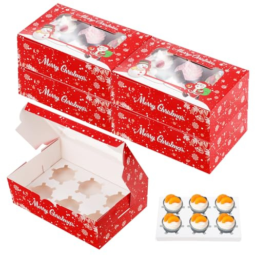 Fippy 20 Stück Cupcake Box 6er Weihnachten, Weihnachten Cupcake Schachtel Box mit Sichtfenster, Weihnachts Kekskästen Boxen Geschenkboxen für Cupcakes Desserts Keksen