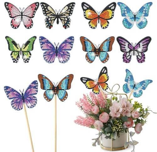 Lithyc 8-Teiliges set Schmetterling Diamond Painting - Schmetterling Stakes Diamant Kunst Kits - Diy Diamont Painting kit，ZubehöR füR Schmetterlings-Diamantmalerei-Ornamente