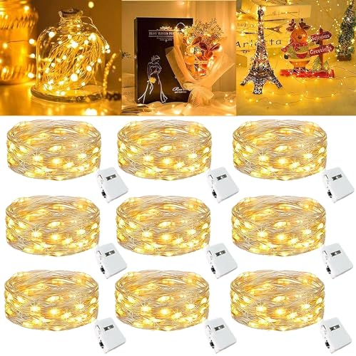 Niumowa Cadena de Luces LED,9 Piezas Cadena de Luces con Pilas, 2M 20 LED Alambre de Cobre Guirnaldas, Luces Decorativas para Navidad, Interiores, Fiesta, Bodas, Jardín(Blanco cálido)