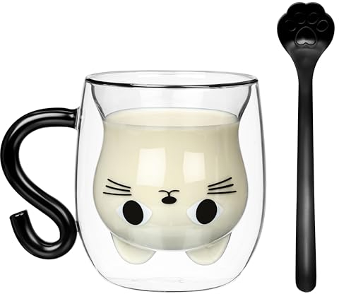 BELLE VOUS Tazza da Caffè con Gatto - Bicchiere in Vetro Doppio - Tazza da Espresso Isolata in Borosilicato - Tazzina a Doppia Parete - Trasparente con Cucchiaino