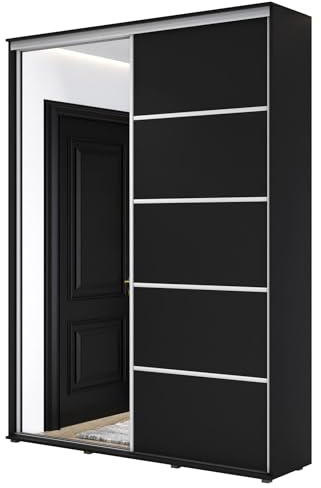 Meble Slupia - Garderobenschrank - Kleiderschrank mit Spiegel und Schiebetüren - B 130 x H 242 x T 45 cm - Kleider Schrank Schlafzimmer, Jugendzimmer, Flur - mit Kleiderstange - ZUZA ALU Schwarz