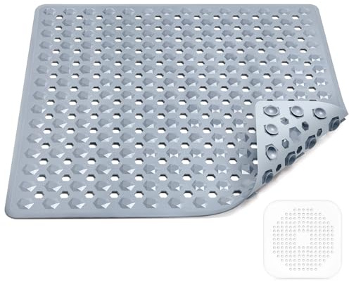 Badewannenmatten rutschfest Kinder,100% BPA frei Enthält 2 Haken zum Aufhängen,100x40cm,Antirutschmatte für Badewanne,Duschmatte,schimmelresistent & maschinenwaschbar (Grau(53x53cm))