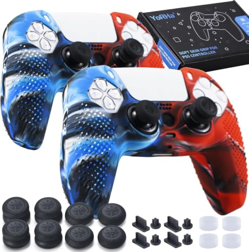 Yorha 2 Fundas de Silicona para Mando de PS5 (Camou Azul + Rojo) con empuñaduras para el Pulgar, 8 enchufes, 4 Protectores anólogos