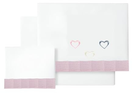 various Set Lenzuola Lettino Neonato 60x120 cm, 100% Cotone Extra Morbido, Include Lenzuolo con Angoli, Lenzuolo Sopra e Federa, Biancheria Letto Bambino Traspirante Happy Love Colore BCO/Rosa