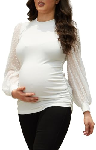 Bhome Umstandsshirt mit Stehkragen, gerippt, gestrickt, Netzstoff, langärmelig, enganliegend, für Schwangere, Weiß (durchsichtig), X-Groß