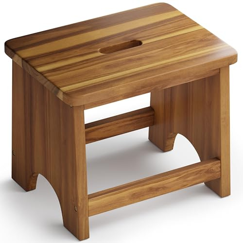 FANATU Wooden Step Stool, 13'' Heavy Duty Stepping Stool for Adults with Handle, Nonslip & Durable Design Supports up to 500lbs for Bedroom or Kitchen