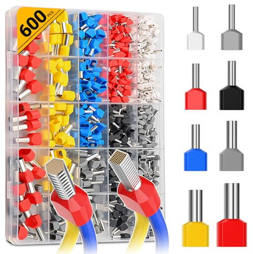 Preciva Lot de 600 embouts à sertir double de 0,5 à 10 mm², connecteurs à sertir, borne rapide à double fil, connexion rapide, noyau en laiton, haute protection d'isolation