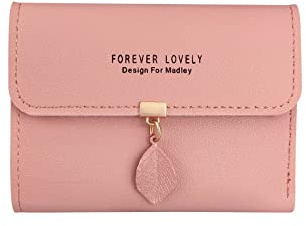 FuninCrea Geldbörse Damen mit Blatt Anhänger, PU Leder Damen Geldbeutel Klein mit Metall Druckknopf, Bifold Portemonnaie Damen Kurze Portmonee Damen mit Mehreren Karten Slots für Mädchen (Rosa)