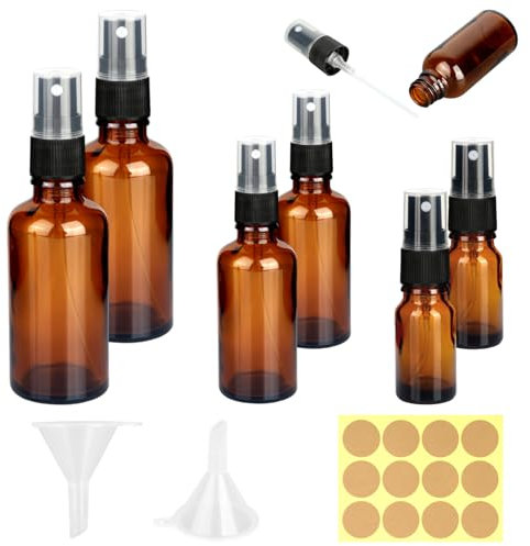 6 Pezzi Flaconi Spray In Vetro Ambrato, 10ml/30ml/50ml Bottiglie Spray, Flacone Spray Vuoto Piccoli con Imbuto E Adesivi, Spray Ricaricabile per Nebulizzazione Fine per Profumo, Oli Essenziali
