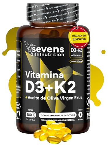 Vitamin D3 K2 MK7 – 4000 IE + 200 µg - Hochdosiert, optimal bioverfügbar - ohne unnötige Zusätze - mit Extra Vergine Olivenöl - 180 Kapseln - Sevens