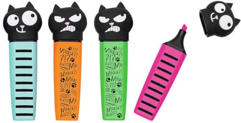 moses. Ed, kattmarkören, 4 highlighter i set med kattmotiv, 10 cm lång, 4 ljusa färger (rosa, grön, turkos och orange) i presentförpackning, roliga markörer för skola, kontor och vardag