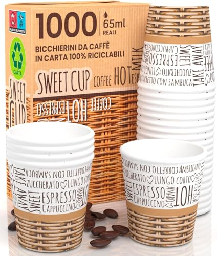 Ecobio and Go -1000 Bicchierini Caffè in Carta Biodegradabili - 65ml - + TRASPORTINO COMPRESO - Resistenti, Antiscivolo, Ideali per Bar, Ufficio e Casa - Ecologici e Monouso, LOVE COFFEE