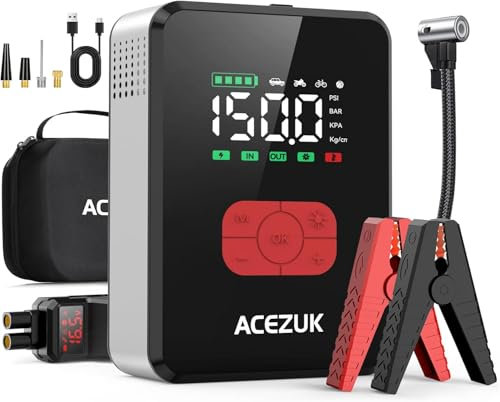ACEZUK 7000A Starthilfe Powerbank für Pkw mit Kompressor 150PSI 12V Starthilfe Batteriepack (All Gas/12L Diesel), Autobatterie Starter mit Tragbaren Starthilfekabeln, LED-Leuchten