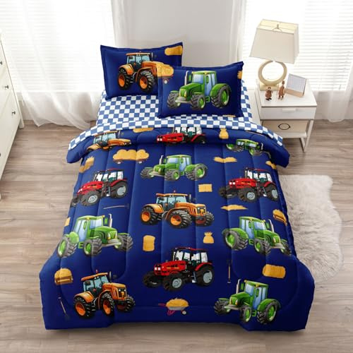 Leaflin Tractor Bedding Set for Kids - 5 Piece Bed in a Bag w/Comforter, Sheets & Pillowcases - Microfiber Comforter Sets Tractor Theme Bedroom Decor for Boys Twin Size