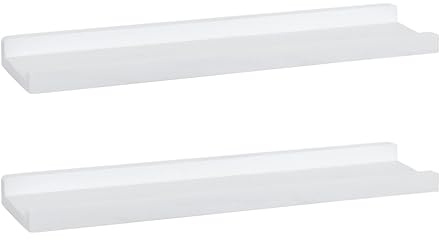 PHOENANCEE Solid Wood, 60cm Wooden Picture Ledge Shelf, Photos Display Shelf, Long Decorative Floating Shelves With Lip For Living Room,Kitchen,Bedroom, Set of 2, Rustic White