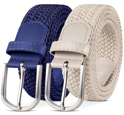 YOUCHAN 2-pack Bälten för Dam & Herr Elastiska Flätade Bälten 3,3 cm Stretchbälten med Justerbart Töjbart Tygbälte Unisex Blå + Beige 100 cm