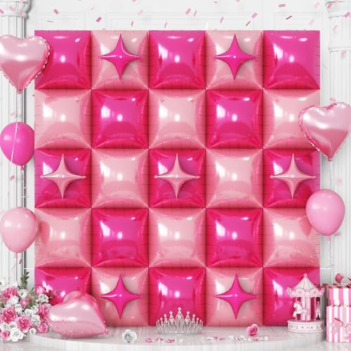 32PCS Hot Pink Square Foil Balloon Wall Double Sided, Metallic Bright Pink and Light Pink with Star Balloons Backdrop Flat Tunnel Foil Magenta Background for Girls Women Princess Birthdays Baby Shower
