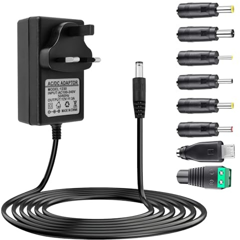 12V 3A Power Supply Adapter 36W Universal AC DC Cable with 8 Tips Connectors Regulated UK Plug Charger 100-240V 50-60Hz for Household Electronics LED Strip Camera Router Laptop Monitor TV Box Printer