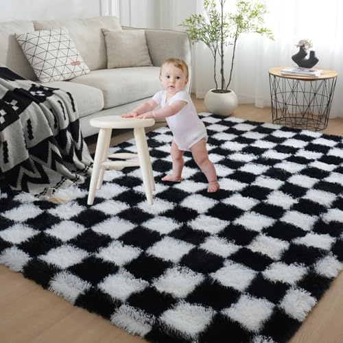 Gsogcax Checkered Rugs Living Room 120×160cm with 8pcs Anti-slip Stickers | Living Room Rug, Non-slip Carpet, Washable Bedroom Rug, Shaggy Area Rug for Kids Bedroom, Nursery Rug, Soft Bedside Rug