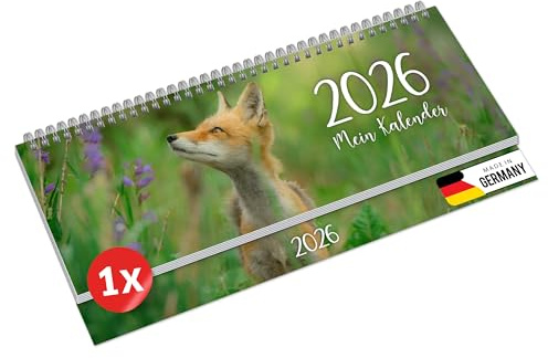 PRIMUS PRINT Bordskalender 2026 liggande veckokalender – 112 sidor möteskalender och årskalender – 297 x 130 mm – 75 g naturpapper, trådkambindning, helgdagar och skolsemester – [Individuell – räv]