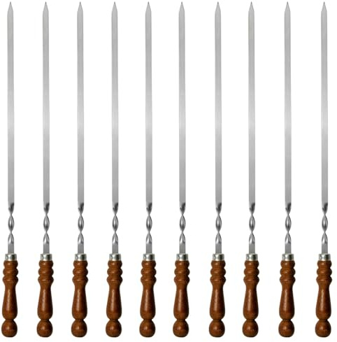 10 st. Set BBQ Edelstahlspieß mit Holzgriff 65 cm lang 1,2cm breit 3mm Stark Grillspieße Schaschlikspieße Barbecuespieß Extra Stark Edelstahl Schampura für Fleisch, Gemüse, Pilze, Kebab Rouladenspieße