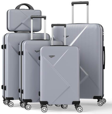 Ystyle Set 5 Valigie Rigide in ABS (51/57/67/77cm) e Beauty Case, Manico Telescopico e Ruote Easy Roll, Lucchetto Serratura a Codice, Trolley Resistenti da Viaggio, con Bagaglio a Mano, Argento