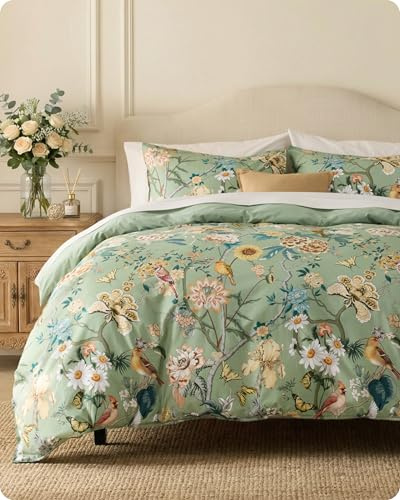 Bedsure Floral Duvet Cover King Size - 100% Cotton Reversible Flowers and Birds Pattern Duvet Cover Set, 3 Pieces Soft & Breathable PureWoven Bedding Set with 2 Pillow Shams (Green Garden, 104x90)