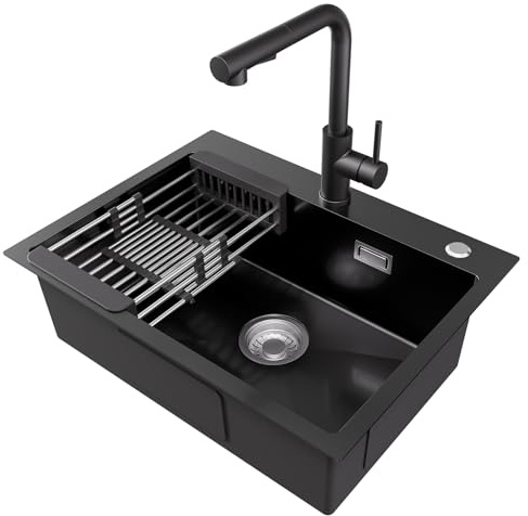 CECIPA Lavello Cucina 1 Vasca 60 x 45cm con Rubinetto Nero, Lavandino Cucina Nero Antracite, Lavello Piccolo in Acciaio Inox quadrato, Montaggio Incasso o Superiore, con Scolapiatti e Sifone