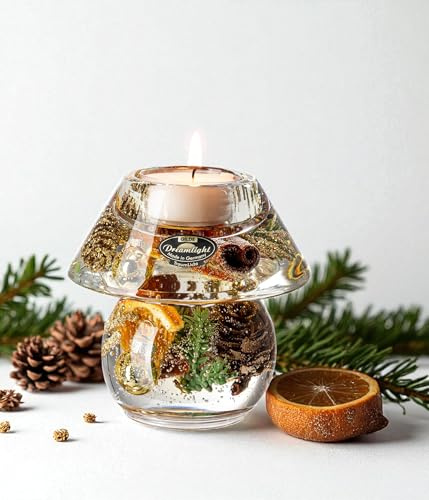 Dreamlight Teelichthalter Deko Weihnachten – Traumlicht Teelichter Glas Noblesse Mini –Deko X Mas Zapfen Weihnachtskugel Orange Gold Braun - Ø 10 cm Höhe 9,5 cm