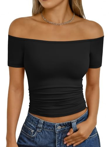 Trendy Queen Summer Off The Shoulder Tops for Women Going Out Short Sleeve Shirts Cute Y2K Sexy Basic Clothes 2026 Fashion Black XL
