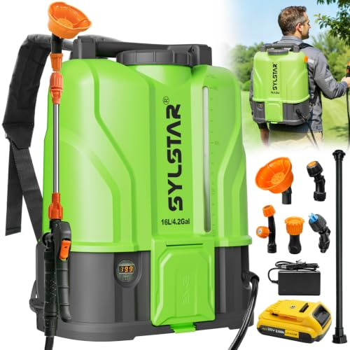 SYLSTAR Pulverizador Electrico 16L, 8.3Bar Potente Sulfatadora Bateria Compatible con DeWalt 18V, 5 Boquillas Pulverizador Bateria con Fuerza de Pulverización Ajustable (con Cargador)