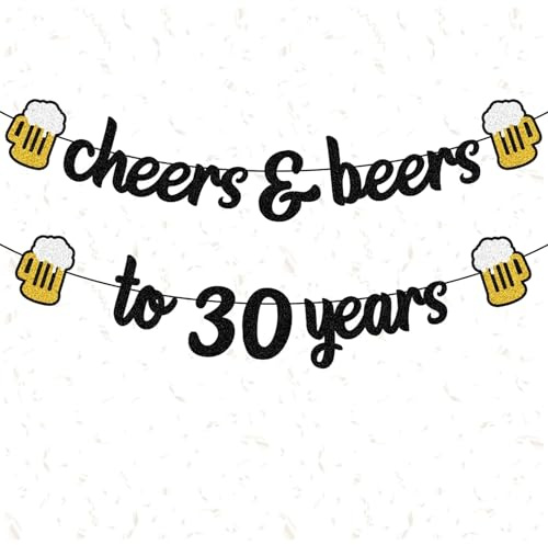 Ovanda 30 Geburtstag Deko, Glitzer Schwarzes Gold 30 Geburtstag Girlande, Cheers & Beers to 30 Years, 30. Geburtstag Banner Deko, Glitzer Schwarzes Gold Girlande Mann Frau Deko