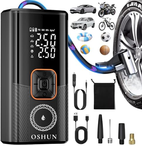 OSHUN Gonfleur Pneus Voiture sans Fil Mini Compresseur à Air Portatif 150 PSI (10,3 Bar) Inflation Rapide Gonfleur Electrique Puissance 100W Cylindre 19 mm Affiche 2 Valeur avec 3M Allume-Cigare 12V