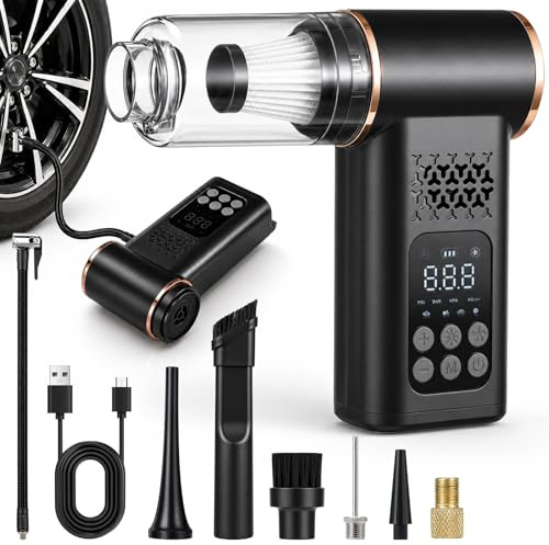 5 en 1 Compresor Aire Portatil con Aspiradora inalámbrica, 150 PSI Inflador de Neumáticos con Luz de Emergencia, Pantalla LCD, manómetro Digital para Coche hogar Pelo de Mascotas Moto y balones