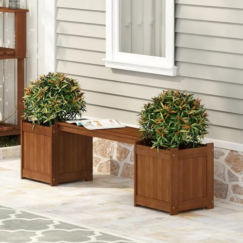 Furinno TIOMAN Jardinière avec Banc, bac à Fleurs en Bois Dur avec siège, boîte de Jardin Cube, en Huile de Teck, extérieur, intérieur, Jardin, terrasse, Balcon, Bois Clair