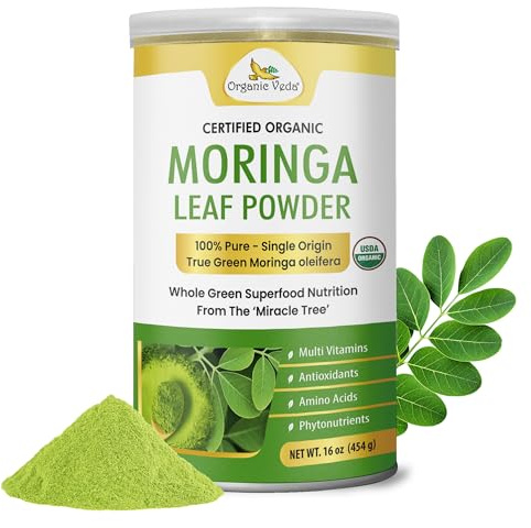 Organic Veda Moringa Powder - Premium Harvest Real Green Native Moringa Oleifera, Vitamins & Antioxidant Rich Leaves - USDA Organic, Gentle Dried Drumstick Leaf Powder (16 oz (Pack of 1))