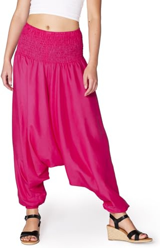 PANASIAM Pantalones Aladino Mujer Lisos - 2 en 1 - Pantalón harén & Mono | Pantalón ligero de verano, 100% viscosa, pantalón de yoga de tiro bajo, cintura elástica, ideal para playa, ocio & viaje