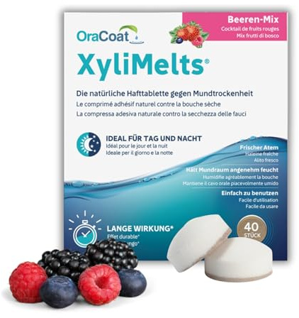 XyliMelts Beeren-Mix 40 Stück - Hafttabletten gegen nächtliche Mundtrockenheit - befeuchten im Schlaf den Mund 4-8 Stunden - mit Xylitol - dezenter Beeren-Geschmack - gegen trockenen Mund