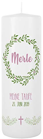 Striefchen® Taufkerze für Mädchen - Motiv: Baum des Lebens - inkl. Gratis Beschriftung 250/80mm Brenndauer ca. 120 h Blumenkranz - Weiß