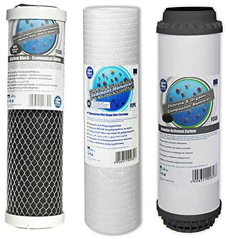 Kit di ricambio filtri universale da 10 per manutenzione impianto ad osmosi inversa 4 stadi - (3pcs: Sedimenti, Carbone Attivo Granulare, CTO Carbon Block. No membrane) - MADE in EUROPA