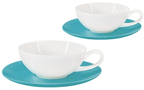 Buchensee Teetassen Set Lena aus Crystal Bone China Porzellan. 2 Tassen je 200ml mit Untersetzer in stilvoll-modernem Türkis-Weiß-Design