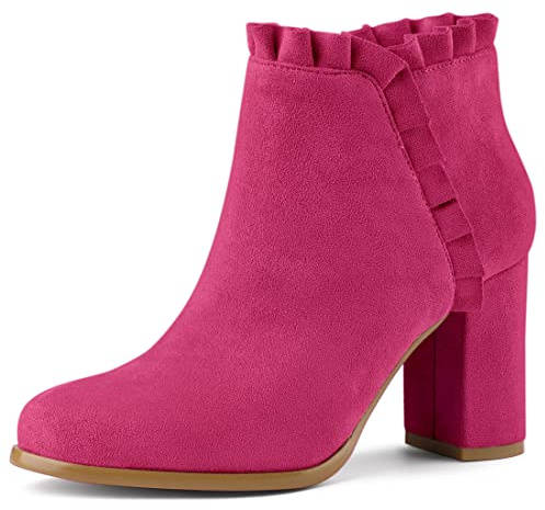 Allegra K Women's Ruffle Block Heel Ankle Boots Hot Pink 6 UK/Label Size 8 US