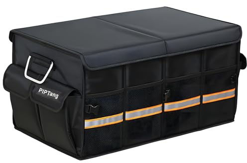 PIPTang Faltbarer L Kofferraum Organizer 60cm – Auto Aufbewahrungsbox mit Verstärkten Aluminiumgriffen, Rutschfestem Boden & Mehreren Taschen – Kofferraumtasche für Auto, SUV & Van