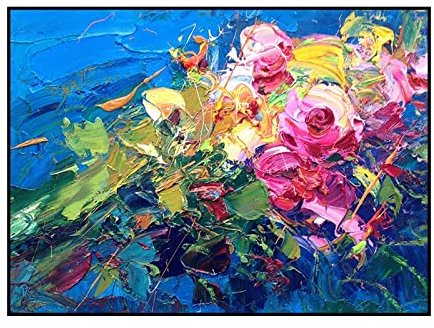 Acrylbilder, Blaue Textur Rosa Rose Blume Blätter Pflanze Abstrakt Modern Großes Original Handgemaltes Messer Kunstwerk Gemälde Auf Leinwand Wandkunst Für Home Office Dekorationen Wohnzimmer,50