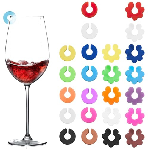 24 Pcs Wine Glass Charms, Silicone Wine Markers Colorful Drink Tags Identification Reusable Party Reception Glass Identifiers Decoration Wine Accessories for Party Champagne Flutes Cocktails Martinis