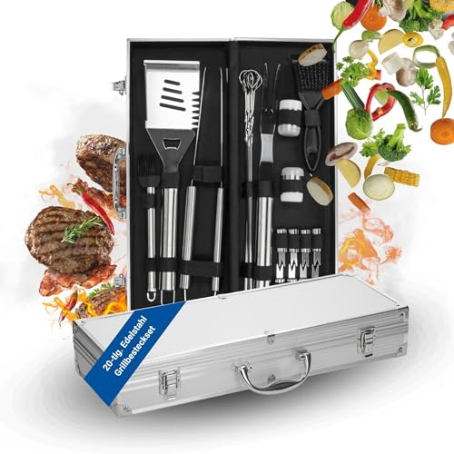 Grillbesteck Set 'Deluxe' - 20-TLG. Grillzubehör aus Edelstahl inkl. Koffer | BBQ Zubehör, Geschenkidee, langlebig, praktisch, vielseitig, Alltagshelfer