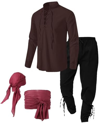 Generisch Mittelalter Kleidung Herren Set Wikinger Kostüm Herren Set Mittelalter Kostüm Hemd Herren Piratenhemd Steampunk Renaissance Viktorian Halloween Kostüm Hose Oberteile Kopftuch Gürtel